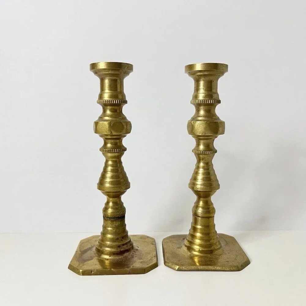 Vintage Mini Solid Brass Candlesticks Pillar Candle Holders Art Deco 2 Pc